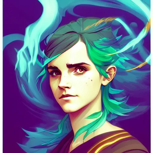 Prompt: style artgerm, joshua middleton, emma watson as a warrior monk wearing green pelt light amor, blue hair, swirling water cosmos, fantasy, dnd, cinematic lighting