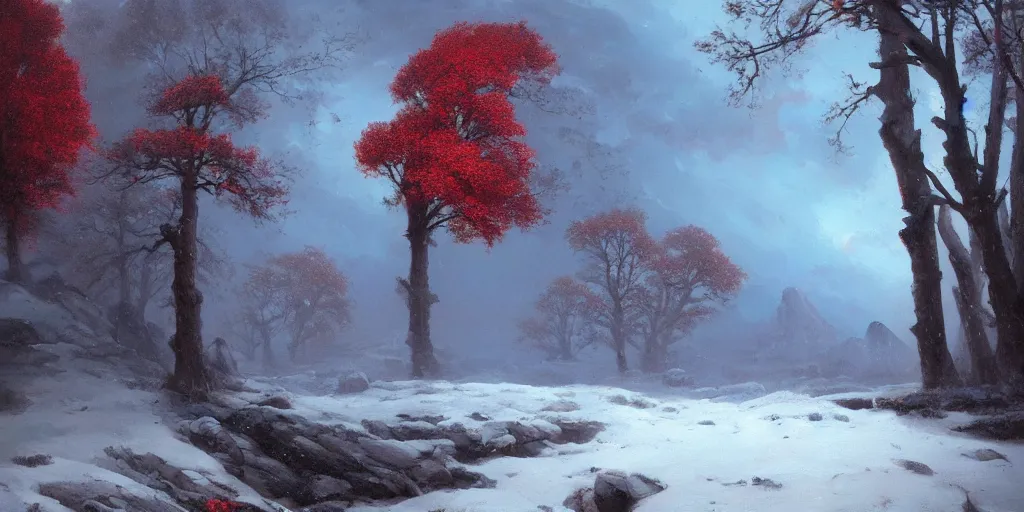 Image similar to A beautiful oil painting of a rocky valley covered in snow, trees with red leaves, thunderstorm in the sky, blue lighting, gloomy, atmospheric lighting, detailed, by greg rutkowski, trending on artstation