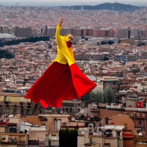 Image similar to santigo abascal flying over barcelona wearing a red and yellow cape