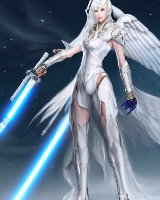 Image similar to perfect white haired attractive egyptian goddess with huge white dove wings holding a light saber, warframe armor, beautiful, symmetric, dreamy, half asian, pretty face, blue eyes, detailed, scifi platform, laboratory, experiment, 4 k, ultra realistic, epic lighting, android body, illuminated, cinematic, masterpiece, art by akihito tsukushi, voidstar