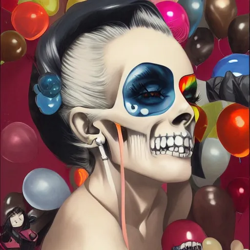 Image similar to anime skull portrait woman, balloons, marilyn monroe, elegant, highly detailed, hard shadows and strong rim light, art by jc leyendecker and atey ghailan and sachin teng