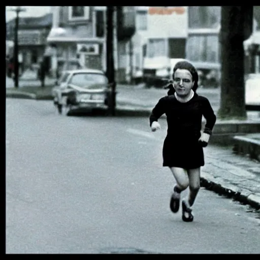 Prompt: a young girl is running along a street in sligo, ireland, in the late 1 9 7 0 s. hyperrealistic, fine detail, dystopian