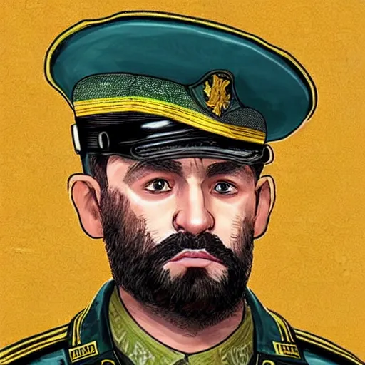 Prompt: “Zelensky with a beard wearing military uniform in GTA V, cover art by Stephen Bliss, Boxart, loadscreen”