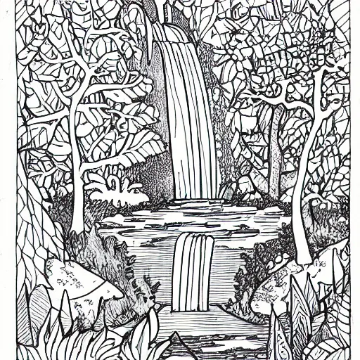 Image similar to an adult coloring page of a waterfall in the enchanted forest