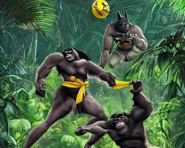 Image similar to gorilla and batman playing volleyball in a jungle with a volleyball, volleyball net, digital illustration, inspired by greg rutkowski and artgerm, high detail