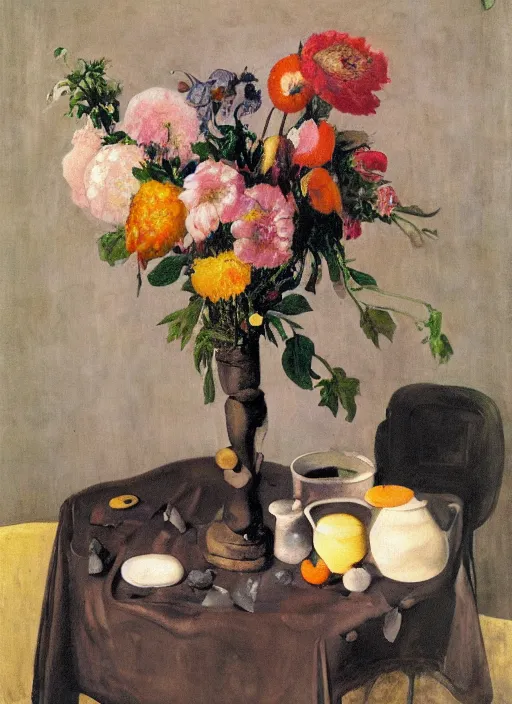 Image similar to a surreal painting of a breakfast still life, vase of flowers, by George Baselitz, symbolist, soft colors, dramatic lighting, smooth, sharp focus, extremely detailed, aesthetically pleasing composition