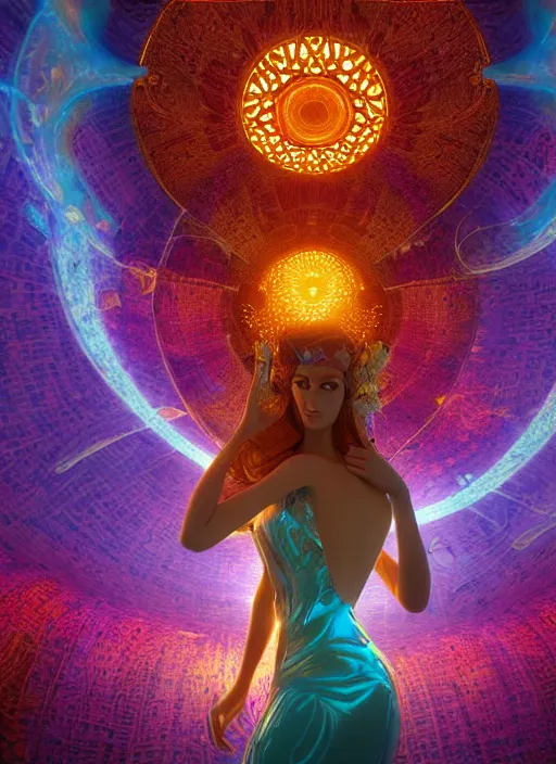 Prompt: flowers within the whole infinite capsule, a goddess apparent with awe the apparition, an idea seep's into infinity and gives me wings, highly detailed in 4 d volumetric latent space, golden turquoise steampunk, high contrast cinematic light, mystical shadows, sharp focus, divine realm of gods, octane render, artist boris vallejo,