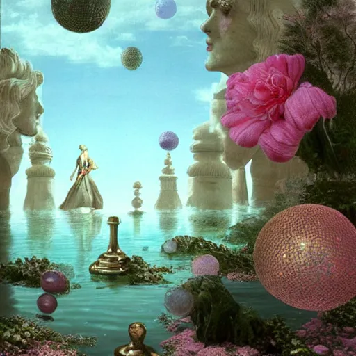 Image similar to David Friedrich, giant marble chess pieces, gold rings, liminal spaces, party balloons, checkered pattern, mirrors, David Friedrich, award winning masterpiece with incredible details, Zhang Kechun, a surreal vaporwave vaporwave vaporwave vaporwave vaporwave painting by Thomas Cole of an old pink mannequin head with flowers growing out, sinking underwater, highly detailed