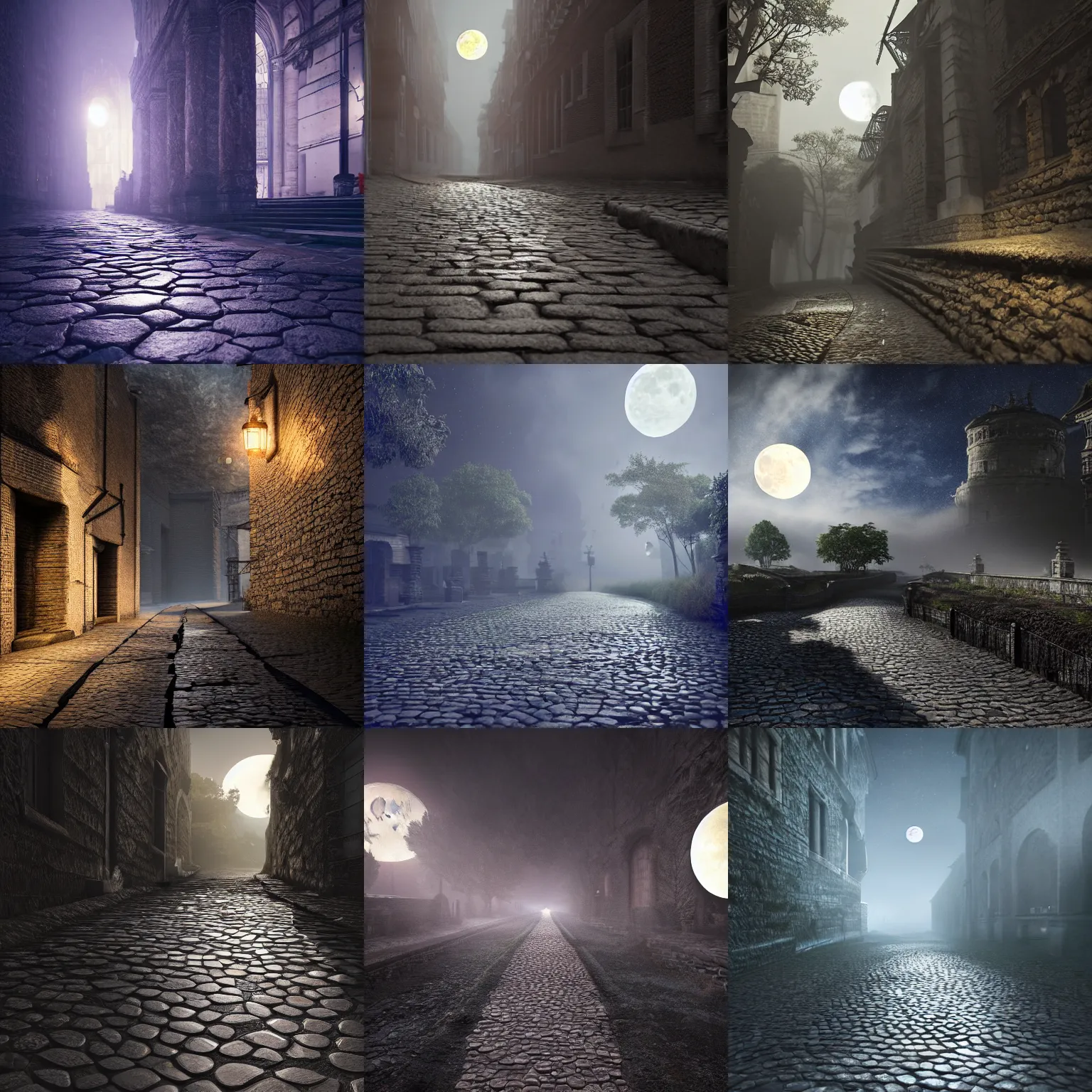 Prompt: a cobblestone path leading to the moon,, intricate detail, volumetric lighting, epic composition, hyper detailed, ultra realistic, sharp focus, octane render, volumetric, ray tracing, sense of awe, swirling mist, 4 k