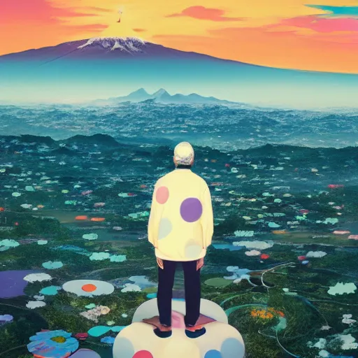 Image similar to a man walking on clouds away from the camera above kyoto by takashi murakami, beeple and james jean, aya takano color style, 4 k, super detailed, modern, 4 k, symmetrical