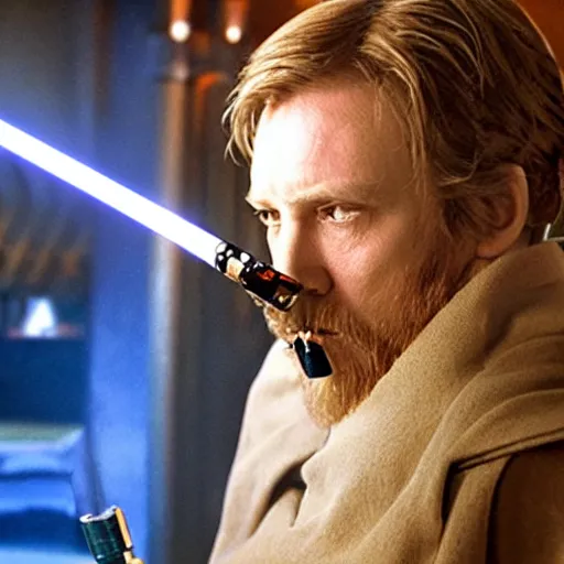 Image similar to Obi-Wan Kenobi smoking a death stick at a bar