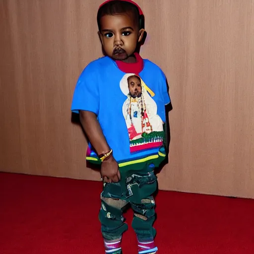 Image similar to toddler Kanye west wearing Gucci and a crown