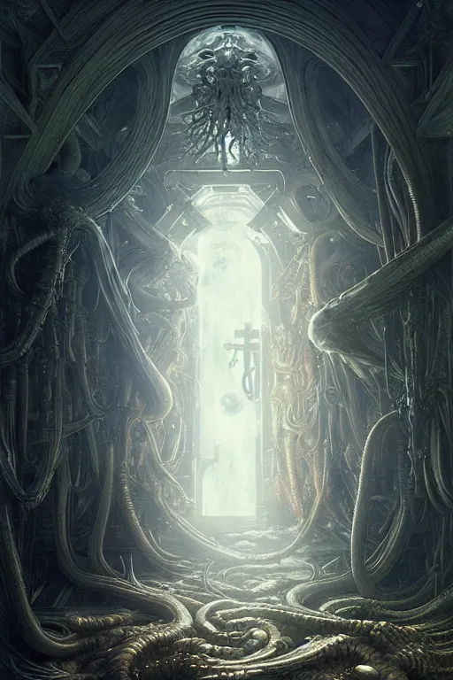 Image similar to heaven's gate by anna podedworna, ayami kojima, greg rutkowski, giger, maxim verehin