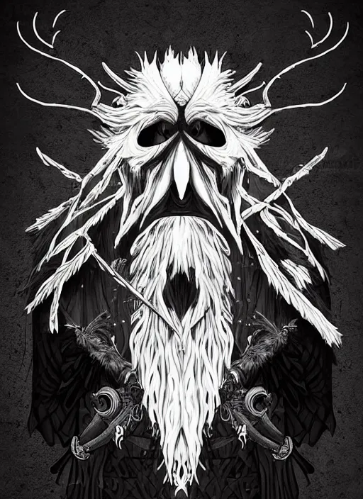 Image similar to warlock with the head of a raven, wind magic, exquisite details, black beard, white background, by studio muti