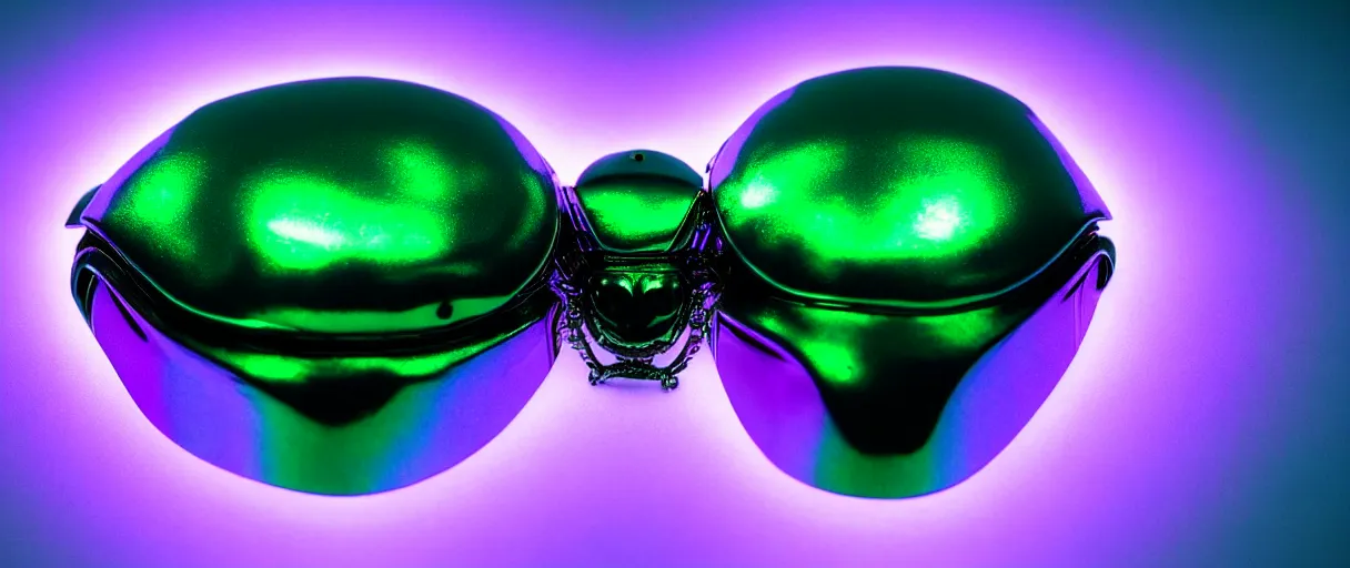 Prompt: high quality photo glowy iridescent cyborg scarab! jeweled gorgeous! highly detailed digital art david ligare peter zumthor cinematic purple neon lighting high quality low angle hd 8k sharp shallow depth of field