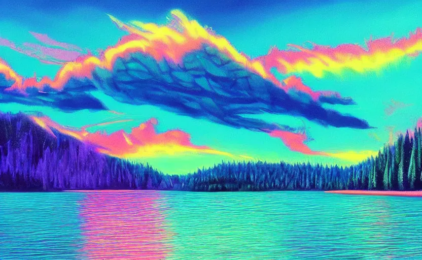 Image similar to beautiful award winning synthwave painting of a canadian lake, extreme detail, digital art, 4 k, ultra hd