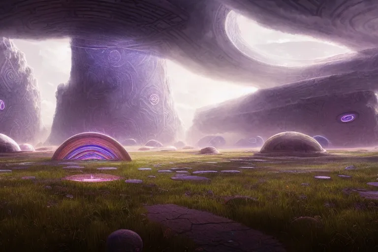 Image similar to a psychedelic realm with rolling plains made out of clouds, and a giant portal covered in runes that leads into the multiverse, in the style of wlop, illustration, epic, fantasy, hyper detailed, smooth, unreal engine, sharp focus, ray tracing