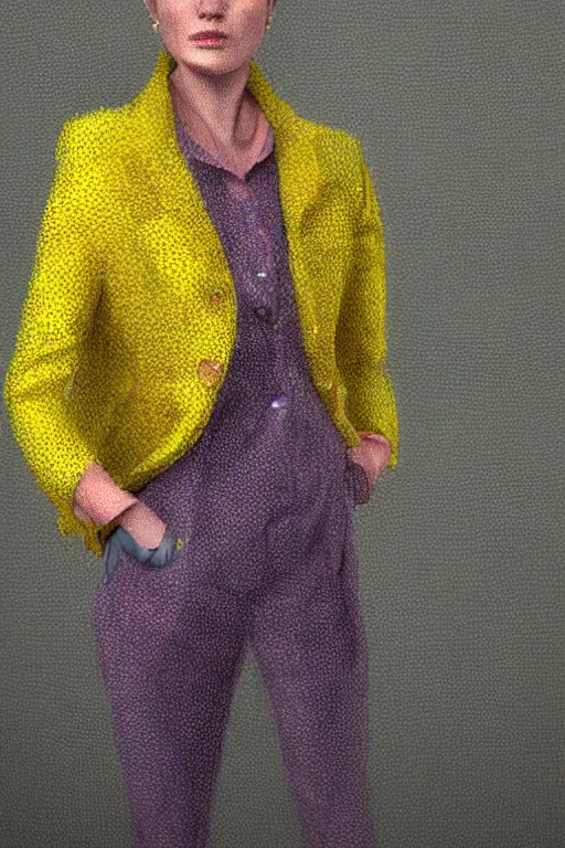 Prompt: a scene filled with yellow fog and with a character wearing a super colorful muted color diy! suit, with a lot of pockets and details, vivienne westwood!, detailed photoreal render octane render, oil on canvas, pointillism