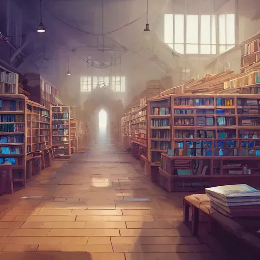 Prompt: inside an empty book store, lush, studio ghibli, sylvain sarrailh, cinematic light, majestic, concept art, volumetric lighting, magic atmospheric, 8 k, wide angle, epic composition, award winning, artstation