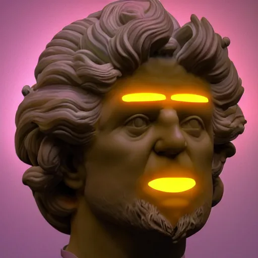 Image similar to sci - fi cgartist wide shot anaglyph ambient occlusion rendering of a hyper realistic marble greek statuary regal god head resembling guy fieri glowing with embedded vaporwave leds product photo high key colored lighting, trending on artstation volumetric lighting