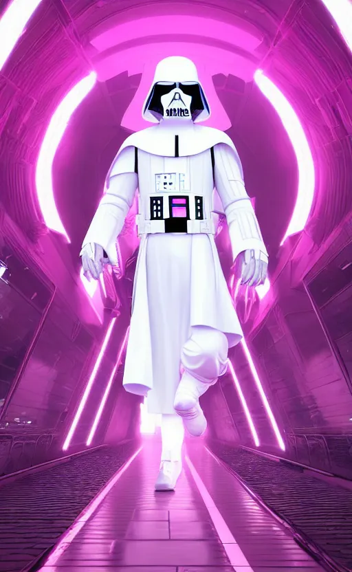 Image similar to white darth vader synth wave retro wave vapor wave white and pink lighting and clothes and tech cyberpunk style ultra realistic high quality highly detailed 8 k