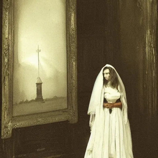 Image similar to picture of ghostly bride in front of an old wooden white church, 1 9 th century southern gothic scene, made by achenbach, andreas