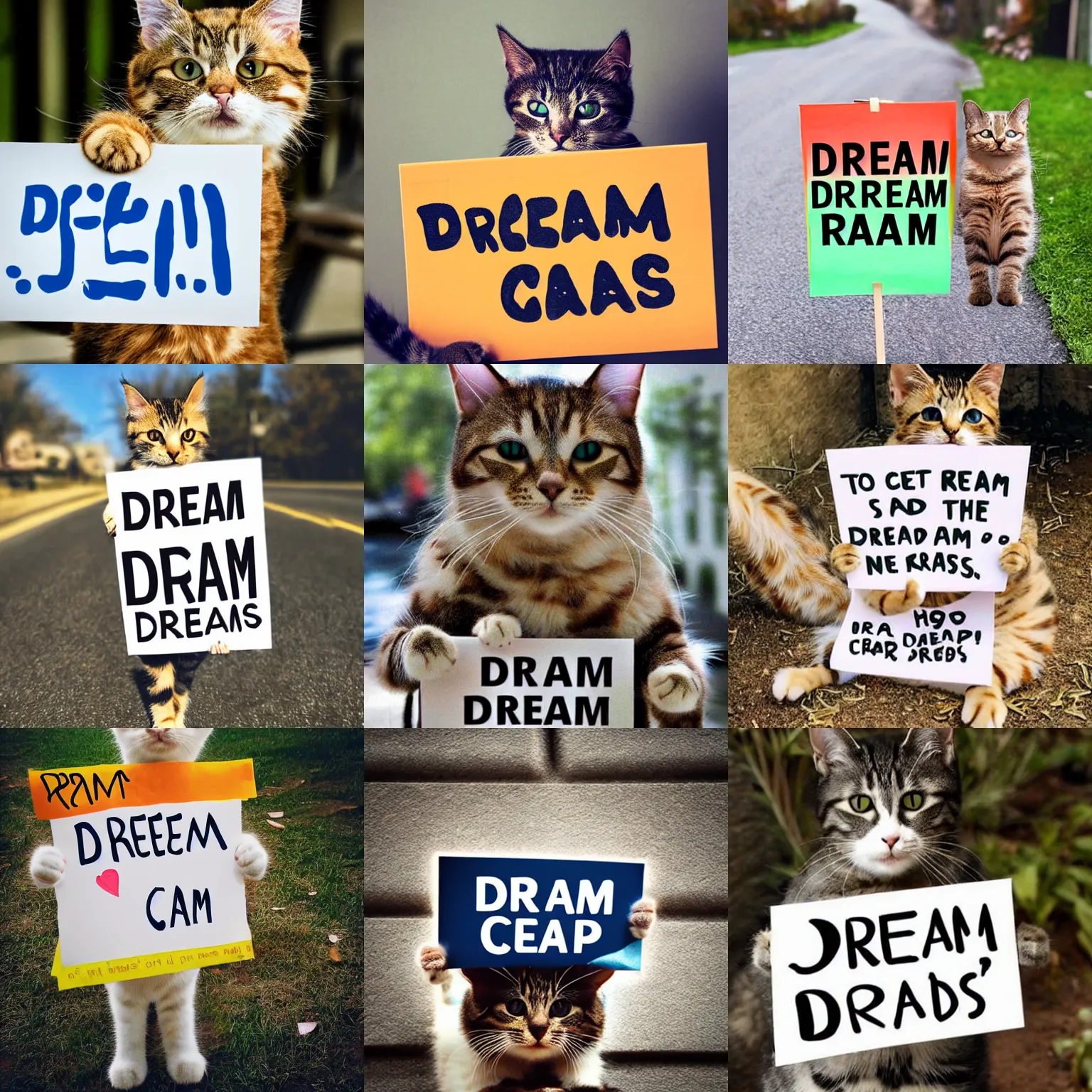 Image similar to realistic high quality photo of a cute cat holding a sign with text that reads : dream cats