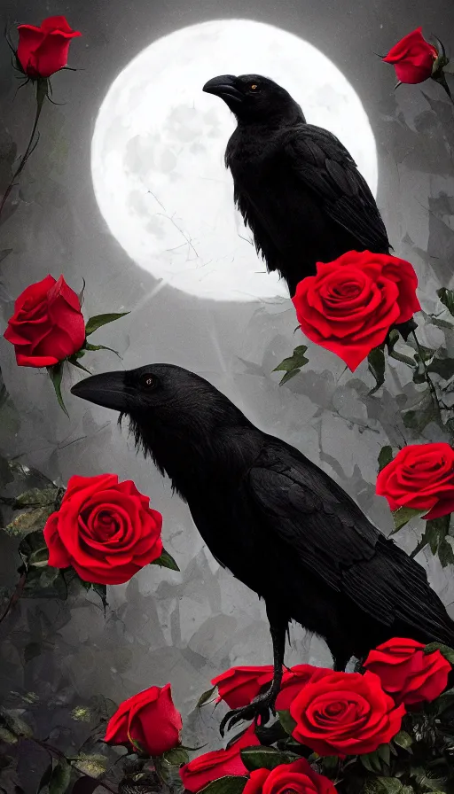 Image similar to portrait, A crow with red eyes in front of the full big moon, book cover, red roses, red white black colors, establishing shot, extremly high detail, foto realistic, cinematic lighting, by Yoshitaka Amano, Ruan Jia, Kentaro Miura, Artgerm, post processed, concept art, artstation, raphael lacoste, alex ross, portrait, A crow with red eyes in front of the full big moon, book cover, red roses, red white black colors, establishing shot, extremly high detail, foto realistic, cinematic lighting, by Yoshitaka Amano, Ruan Jia, Kentaro Miura, Artgerm, post processed, concept art, artstation, raphael lacoste, alex ross