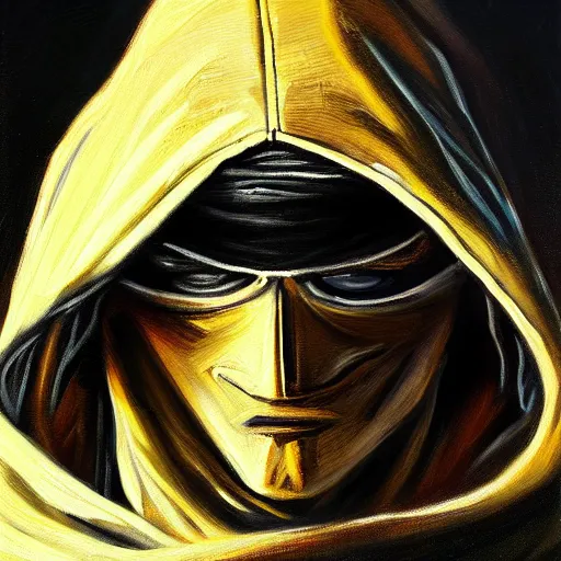 Image similar to hooded ninja, oil painting, portrait, intricate complexity, rule of thirds, character concept, dramatic lighting, complementary colors