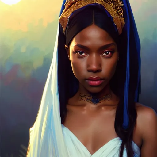 Image similar to a Photorealistic dramatic hyperrealistic bright blue eyes, African American elegant girl, black hair, white veil,by WLOP,Artgerm,Greg Rutkowski,Alphonse Mucha, Dang My Linh, Beautiful dynamic dramatic bright sunset lighting,shadows,cinematic atmosphere,Artstation,concept design art,Octane render,8k