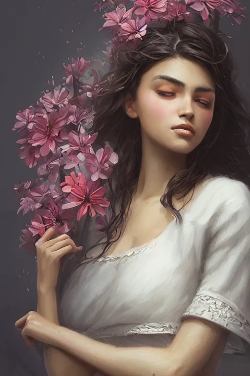 Image similar to ultra realistic illustration, mexican girl with flowers blooming, elegant, highly detailed, digital painting, concept art, smooth, sharp focus, illustration, art by greg rutkowski