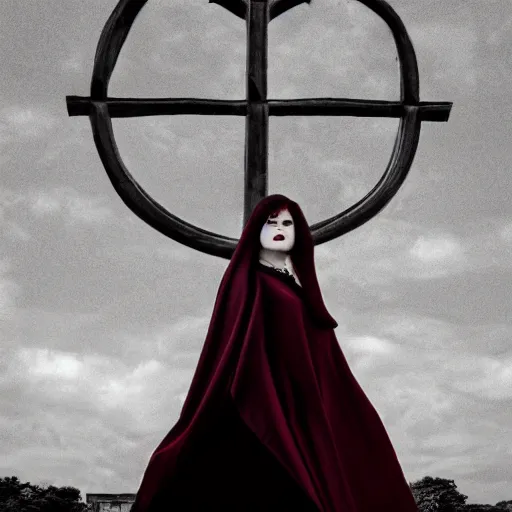 Image similar to stunning Gothic shameless woman with impudent facial expression in shadow of church cross, elegant, dark and mysterious, atmospheric, red, ominous, eerie, cinematic, Epic, 8k, 4k, ultra detail, ultra realistic, rendered by awesomeness illustration
