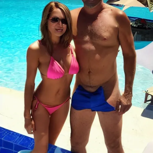 Image similar to photo of a 4 0 year old man that looks young for his age dating a very attractive 2 2 year old woman wearing a bikini. they are at a pool party.