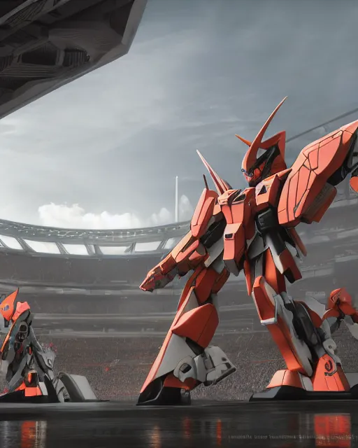 Image similar to establishing shot, a futuristic stadium with a giant gundam, unreal engine, hyper realism, realistic shading, cinematic composition, realistic render, octane render, detailed textures, photorealistic, ultrawide shot, 3 5 mm film