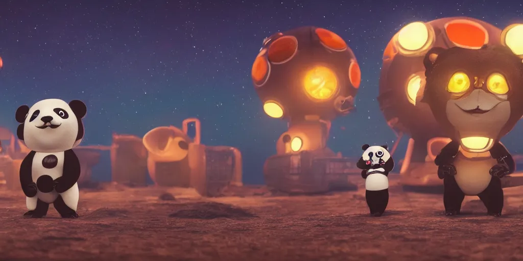 Prompt: cute cartoon panda monsters standing by a rocket ship at night, still from a Wes Anderson film, cinematic, trending on artstation, highly detailed, scene from a movie, soft lighting, 8k