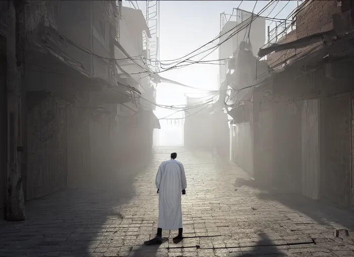 Prompt: old jeddah city alley, roshan, old shops, horse, magical glowing gate to another dimension, a man wearing a white robe standing watching over, dramatic lighting, dawn, by caspar david friedrich, unreal engine 5