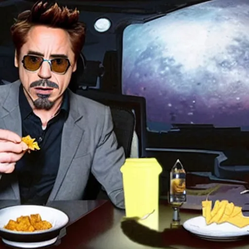 Prompt: Robert Downey Jr eats chips on the Moon, cyberpunk style