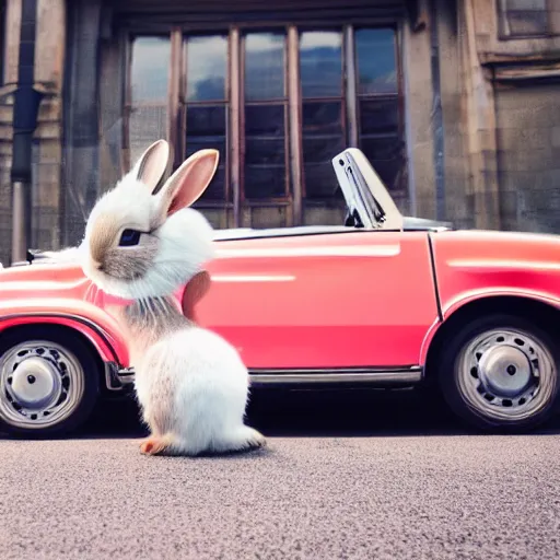 Image similar to a cute bunny driving a convertible, studio photo, high quality