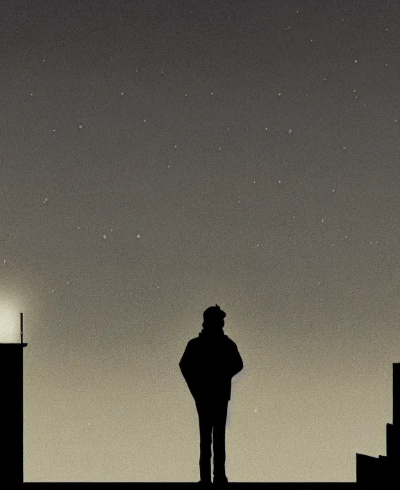 Prompt: human standing on top of the building, watching the city skyline calmly glowing on the background, inspired by isaac levitan, noir comics esthetics, sharp focus, less detailed, 8 k, high resolution