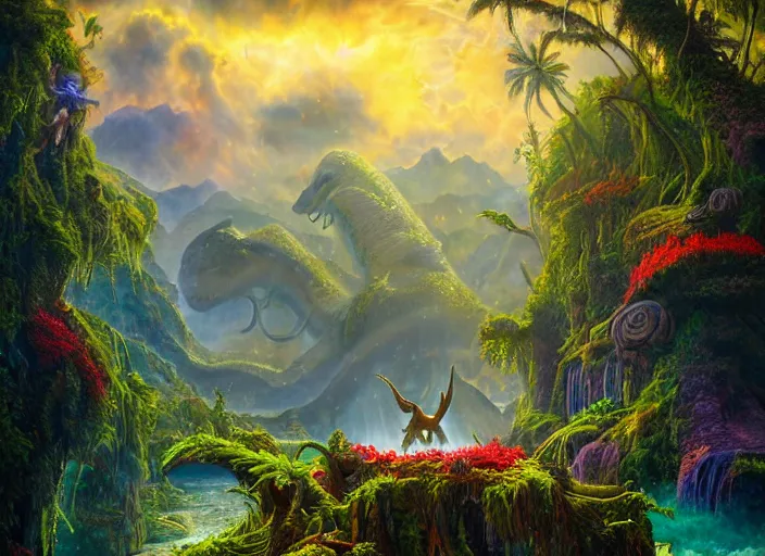 Image similar to photorealistic fantasy oil painting, great leviathan, magical unicorn, rainforest mountains, lush plants flowers, epic natural light, bright clouds, luminous sky, outer worlds, bright cinematic lighting, michael cheval, michael whelan, vray, 8 k hd