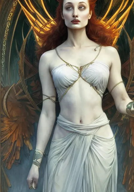 Image similar to sansa angeline jolie gessica chastain mummy goddess of death and blood, intricate, elegant, highly detailed, digital painting, artstation, concept art, smooth, sharp focus, illustration, art by artgerm and greg rutkowski and alphonse mucha and william - adolphe bouguereau