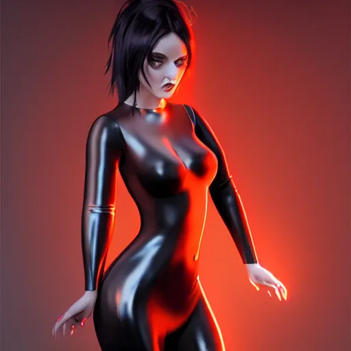 Image similar to feminine hot goth woman with tight curvy shiny outfit, photorealistic, sublime, dark and smoky, inviting, 16k, smooth, sharp focus, cgsociety, ArtStation, volumetric lighting