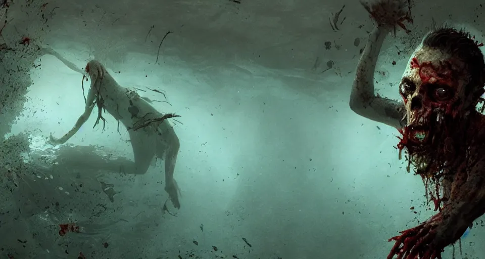 Prompt: a zombie swimming underwater in a zombie - apocalypse, by greg rutkowski, octane render