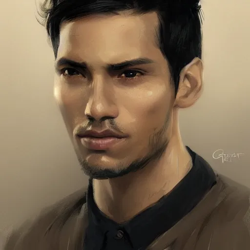 Image similar to portrait of a handsome peruvian man by greg rutkowski, he is about 3 0 years old, short black hair with bangs, very tall and slender, he is wearing a beige and black utility jumpsuit, highly detailed portrait, digital painting, artstation, concept art, smooth, sharp focus ilustration, artstation hq