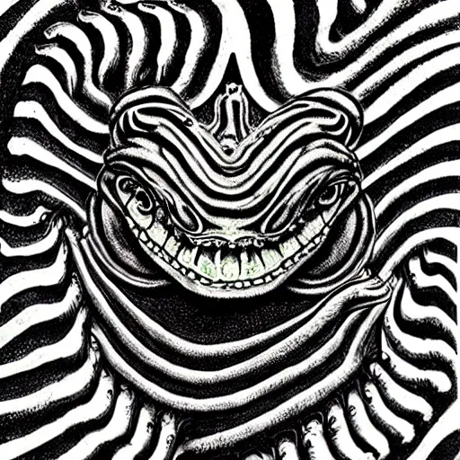 Image similar to closeup of an adorable, eldritch frog abomination of unimaginable horror by h. r. giger and junji ito, speculative evolution, op art with big bold patterns