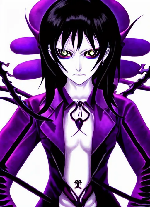 Prompt: shin megami tensei art of a demon called goth girlfriend, art by kazuma kaneko, demonic! compedium!, digital drawing, white background, very high quality, very highly detailed