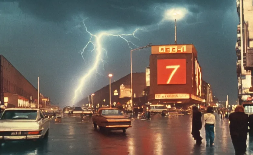 Image similar to 70s movie still of a sovietic street with pedestrians with soviet highrise in the backround , Cinestill 800t 18mm ektachrome color, heavy grainy picture, very detailed, high quality, 4k panoramic, HD criterion, dramatic lightning, neon billboards and streetlight at night, rain, mud, foggy, gigantic red lenin portrait on the wall, soviet flags