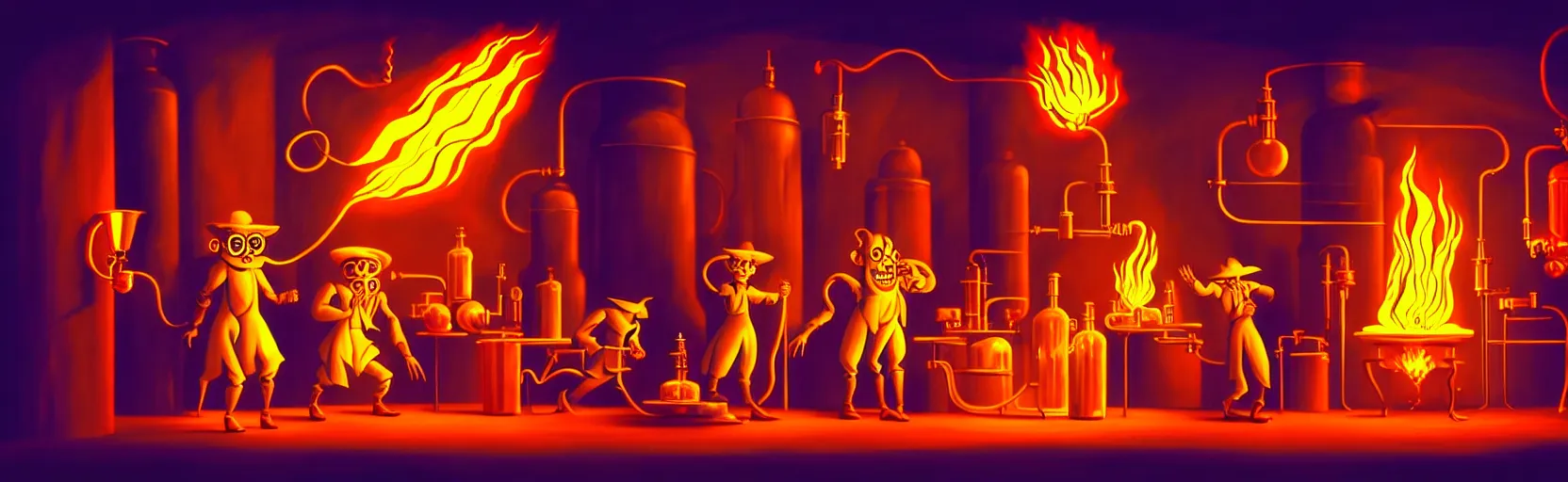 Image similar to uncanny alchemist monsters in a fiery alchemical lab, dramatic lighting, surreal 1 9 3 0 s fleischer cartoon characters, surreal painting by ronny khalil