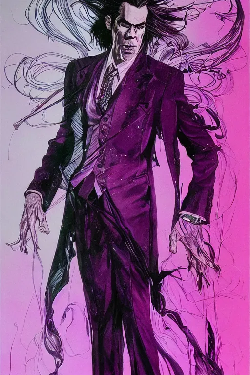 Image similar to full body portrait of nick cave with a lot of purple smoke coming out of his mouth, concept art, sumi - e style, intricate linework, artstation, trending, highly detailed, smooth, focus, art by yoji shinkawa and glenn fabry,