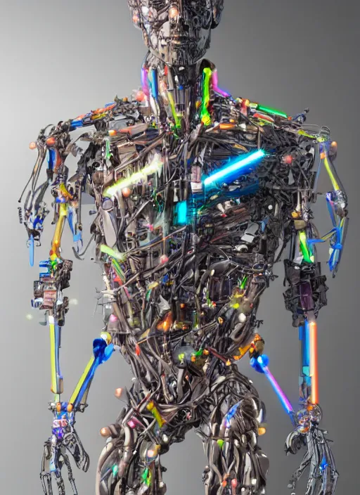 Image similar to a hybrid humanoid cyborg built with cybernetic material and wood, herbs and multicolored flowers, hyperspectral imaging, multispectral imaging, perspective, colorful, spectral color, refractive